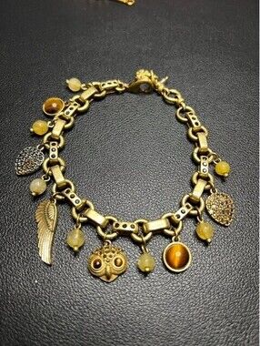 B5994 Lucky Brand Charm Bracelet Owl Wing Heart Tiger Eye Crystal 7-8.5" goldton